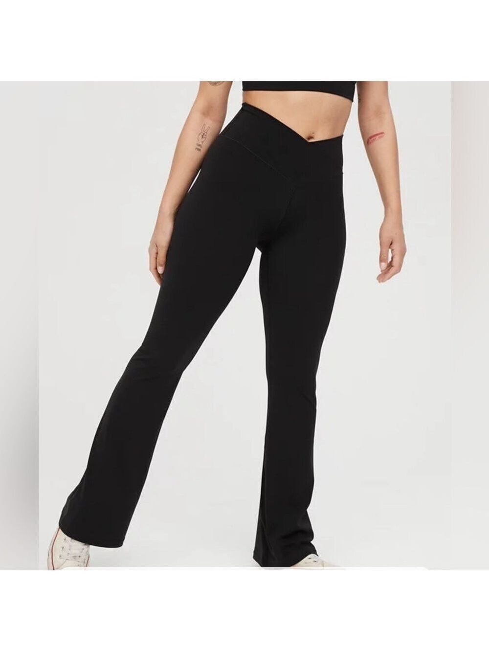Aerie Offline Real Me High Waisted Crossover Flare Short Length Black Leggings